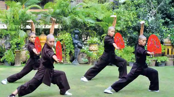 personas usando trajes tradicionales de kung fu